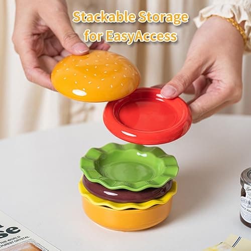 BoniIllusion Cute Hamburger Ceramic Dinnerware Set, 6-Piece Stackable Plates and Bowls Set with Lid, Microwave Safe Dinner Dessert Bowls Plates for Home Party (1-Pcs) thumbnail 4