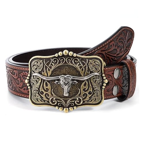 LALATCH Cowboy Cowgirl Belt Western Belts for Men Women Floral Engraved Longhorn Bull Buckle Belt for Jeans thumbnail 7