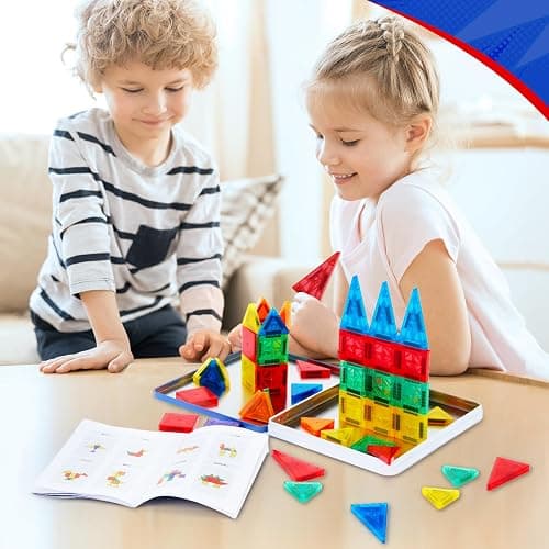Gemmicc 58 PCS Mini Magnetic Tiles, Travel Magnet Construction Toys with Metal Storage Box, Sensory Montessori Toys for Boys Girls thumbnail 2