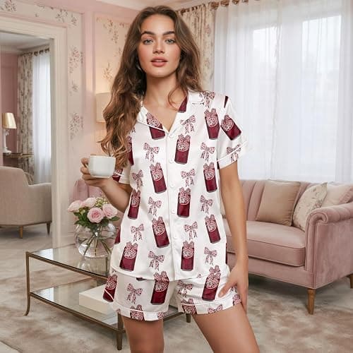 ELUNORUS Women 2PCs Satin Pajama Set Short Sleeve Silk Feel Gift Sleepwear | Soft stretch satin; relaxed comfort fit sizes S-3XL for sleep & lounge; short sleeve top, elastic waist shorts; easy care thumbnail 3
