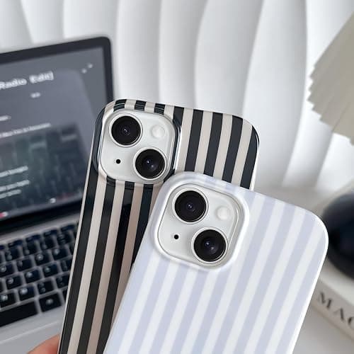 Yeddabox for iPhone 14 Case Cute Striped Phone Case Soft TPU Slim Shockproof Phone Cover for Women Girls, Blue and White thumbnail 3