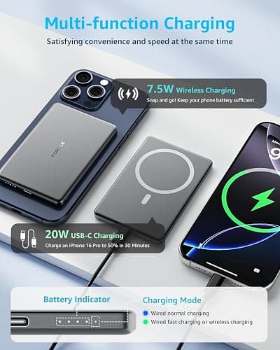 decqle “Air” Power Bank for MagSafe 5000mAh, Ultra Slim Magnetic Wireless Portable Battery Charger Case with USB-C Cable, Compatible with iPhone 17/16/15/14/13/12 Series Only (Grey) thumbnail 4