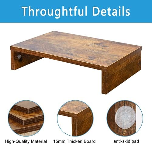 TEAMIX 14.2 inch Monitor Stand Riser, Rustic Brown Wood Monitor Riser with Storage for Desk Small Monitor Stand TV/Screen/PC/Laptop Riser Computer Stand Desktop Shelf (Brown-14.2 inch) thumbnail 6