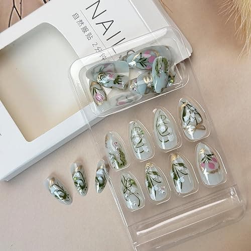 24Pcs Flower Press on Nails Medium Almond Fake Nails Green Leaf with White Flower Design Gilding Full Cover Artificial Glue on Nails Handmade False Nails Spring Summer Stick on Nails for Women DIY thumbnail 4