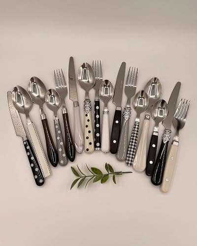 The Original Brink House Eclectic Black & White Mix & Match Stainless Steel Cutlery Set / 16 pieces with Metal Stand/Lifestyle utensils set for home, first apartment, dorm, dinner parties thumbnail 4