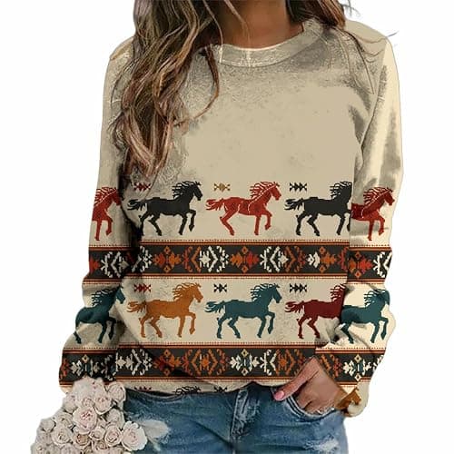 YABTF Womens Vintage Western Sweatshirts Long Sleeve Pullover Retro Aztec Print Graphic Shirts Loose Fit Fall Tops - Image 1