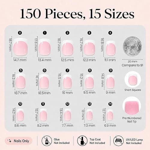 Beetles French Tips Press On Nails - Short Square 150 Pcs | 15 Sizes Pink Fake Nail Tips, Salon Quality Value at Home, Acrylic False Nails Art DIY Gifts For Women thumbnail 4