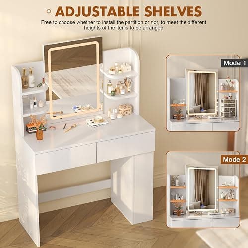 Devoko Dressing Table with LED Lighting Mirror,3 Light Colors,Adjustable Brightness,Vanity Table,Makeup Desk with 2 Drawers and 4 Storage Shelves, 90 x 40 x 135 cm, Modern White thumbnail 5