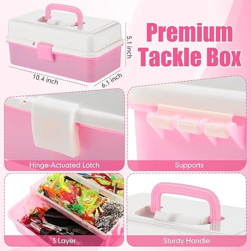 RoundFunny 3 Layers Fishing Tackle Box 414 Pcs Fishing Lures Kit with Tackle Included, Pliers, Lip Gripper, Soft Baits, Hooks & Accessories Bait Lure Gear Gift for Beginners Women Men(Pink) thumbnail 2