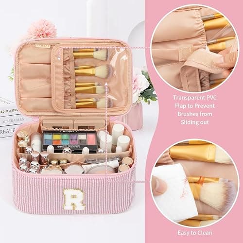 OCHEAL Makeup Bag for Women, Monogram Cosmetic Bag with Brush Holder, Pink Travel Makeup Case Beauty Toiletry Bag Organizer Personalized Gifts for Girls Bridesmaid, Sister, Wife, Friends Initial R thumbnail 2