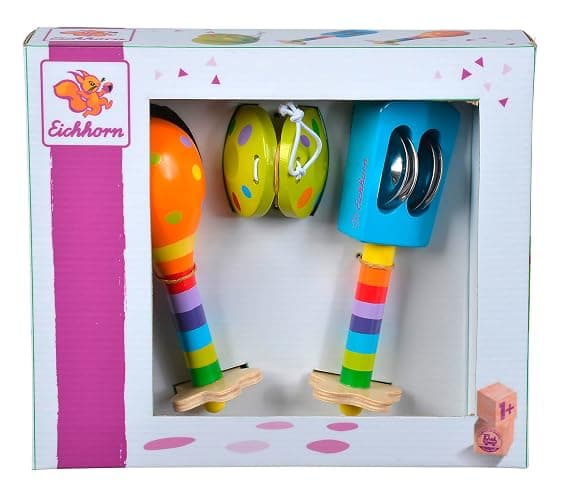 Eichhorn 100003484 Musik Set enthält Rassel, Maracas und Kastagnette, Bunte Musikinstrumente aus Holz, 3 teilig, ab einem Jahr - Image 1