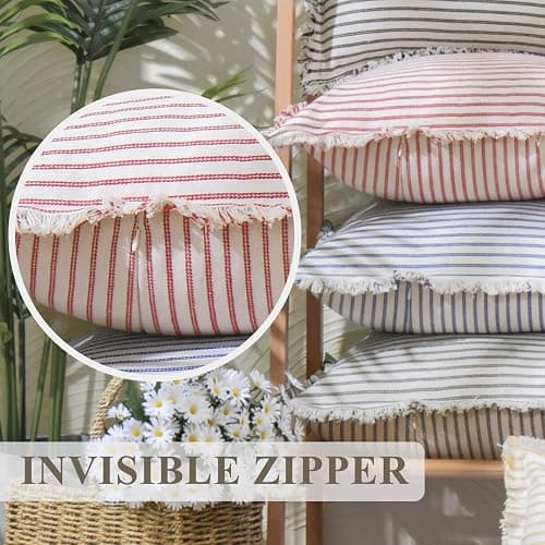 ZWJD Throw Pillow Covers 20x20 Set of 2 Striped Pillow Covers with Fringe Chic Cotton Decorative Pillows Square Cushion Covers for Sofa Couch Bed Living Room Farmhouse Decor thumbnail 5