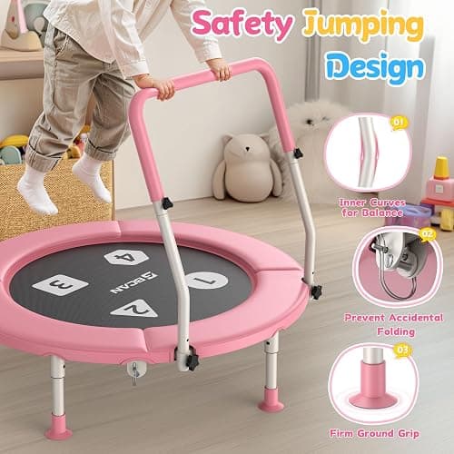 BCAN 36'' Toddler Trampoline, ASTM Certified-Foldable Mini Trampolines for Kids Ages 1-6, Adjustable Handle, Safety Pad & Foldable Legs, Baby Trampoline Indoor/Garden, Gift for Boy and Girl thumbnail 2