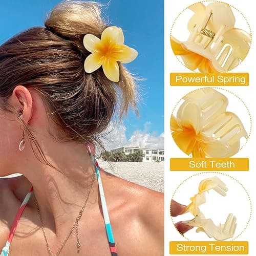 6 Pcs Hawaiian Flower Hair Clips for Women Girls, Plumeria Claw Clips for Thick/Thin Hair, Strong Hold Summer Beach Cute Hair Accessories Tropical Decorative, Large & Small thumbnail 3
