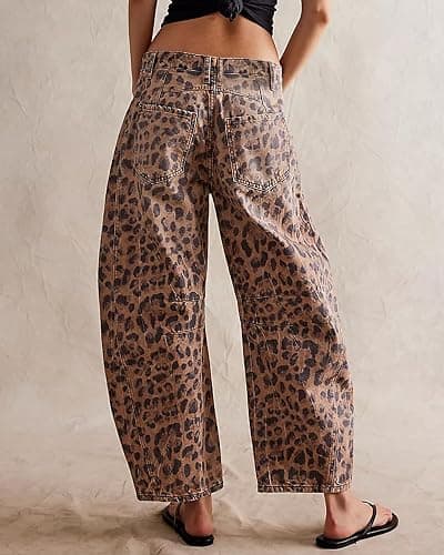 Kedera Women's Baggy Barrel Jeans Casual Boyfriend Mid Rise Leopard Printed Wide Leg Denim Ankle Pants thumbnail 2