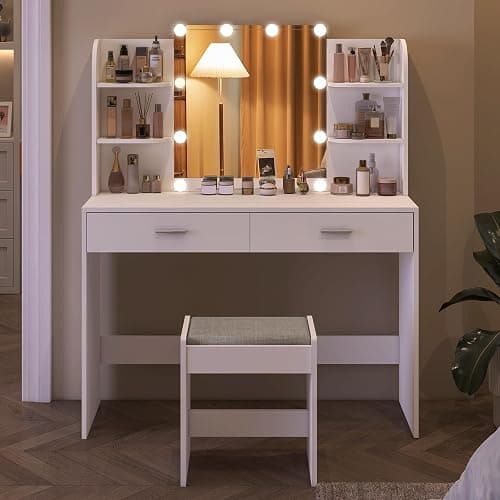 usikey Vanity Desk with Mirror and Lights, Makeup Vanity Set with 2 Drawers and Open Shelves, Makeup Vanity Desk Dressing Table with Cushioned Stool and 10 LED Lights, White thumbnail 9