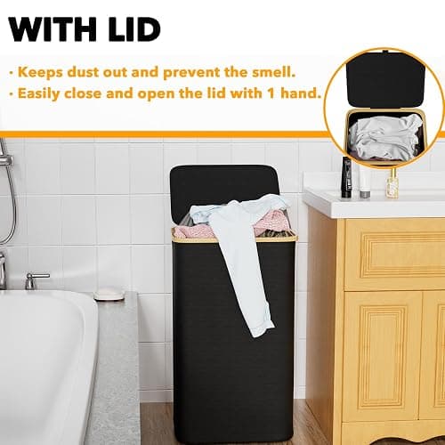 SpaceAid Laundry Hamper with Lid, 110L Large Tall Clothes Basket Bin with Bamboo Handles, Collapsible Laundry Hamper for Bedroom, Bathroom, Dorm, Laundry Room - Black thumbnail 5