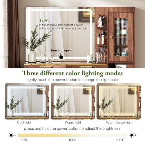 Chrangmay 47.24" Big Modern Vanity Desk with Mirror and Lights,Makeup Vanity Desk with 5 Drawers and Storage Shelves & Power Outlet,Dressing Table with Glass Top, Brown thumbnail 8