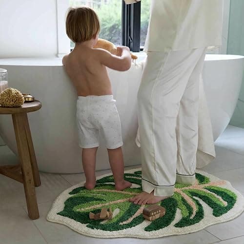 Sisher Cute Monstera Bath Mat,Green Leaf Bath Mat,Non Slip,Soft,Absorbent,Machine Washable for Bathroom Bathtub Rugs,Toilet,Kids Room,Bedroom,Monstera Leaf Rug(21"X26") thumbnail 2