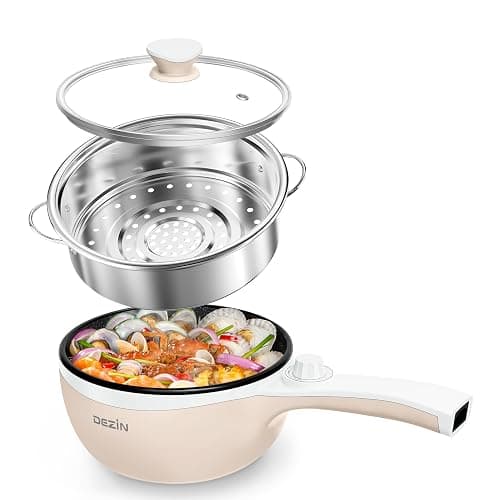 Dezin Hot Pot Electric with Steamer Upgraded, Non-Stick Sauté Pan, Rapid Noodles Electric Pot, 1.5L Mini Pot for Steak, Egg, Fried Rice, Ramen, Oatmeal, Soup with Power Adjustment - Image 1