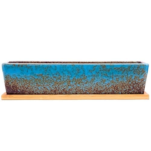 Succulent Pots - 12.1 Inch Large Succulent Planters Pots with Drainage Tray, Long Rectangle Ceramic Pot for Indoor Cactus/Succulent Plants Shallow Bonsai Window Box for Home Garden Decor (Blue) thumbnail 4
