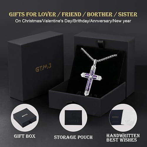 GTMJ Amethyst Cross Necklace for Men with Adjustable Box Chain For Everyday Wear Christian Men's Cross Necklace Jewelry Gifts thumbnail 7