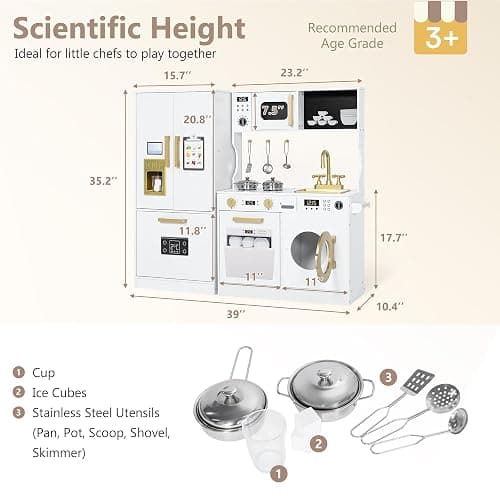Kinder King Wooden Kids Play Kitchen Set, Cookware Accessories, White | Transparent Coloring Board, Pretend Fridge, Toy Kitchen Playset w/Washing Machine, Realistic Kitchen Sets Gift for Ages 3+ thumbnail 2