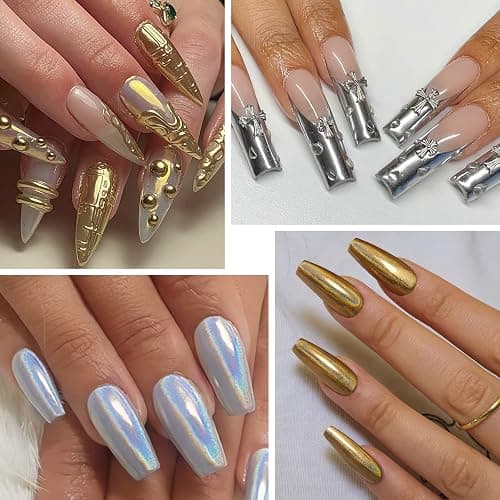 Gold Silver Chrome Nail Powder, 6 Colors Holographic Unicorn Iridescent Nail Chrome Powder, Metallic Mirror Effect Light Gold Champagne Chrome Powder Palette Pigment Glitter for Nail Art thumbnail 2