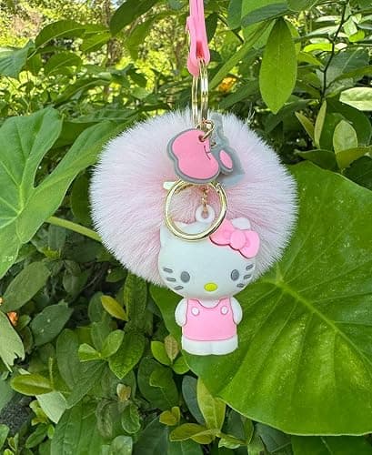 PaPiJoJo Cute Keychains for Girls, Kawaii Pom Pom Fuzzy Key Chain Accessories Wristlet Cartoon Keychain thumbnail 2