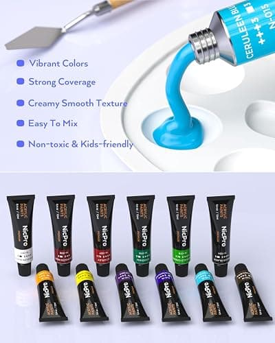 Nicpro Kids Paint Set, 34PCS Painting Supplies Kit Non Toxic,12 Colors Acrylic Paint, Table Easel, 6 Canvas Panels, 10 Brushes, Paper Pad, Sponge, Color Wheel, Palette for Adult Toddlers Beginner thumbnail 3