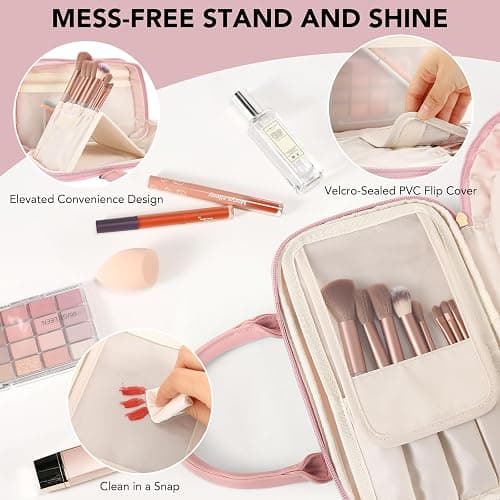 Travel Makeup Bag for Women Fashion Large Capacity Pouch Open Flat Cosmetic Portable Organizer Waterproof Large Opening Storage Toiletry Bags Vertical Free-Standing Brush Holder for Easy Access Pink thumbnail 2