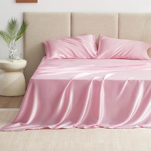 Love's cabin Satin Queen Sheets Set - 4 Piece Pink Silky Satin Bed Sheets Queen Set with Deep Pocket, Luxury Silk Feel Satin Queen Size Sheet Set (1 Flat Sheet,1 Fitted Sheet,2 Pillow Cases) - Queen - Pink. thumbnail 2