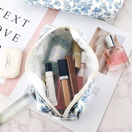 2Pcs Quilted Cotton Makeup Bag Large Travel Makeup Pouch Small Brush Holder Set for Women Floral Coquette Makeup Bag Cute Aesthetic Cosmetic Bag Blue Toiletry Organizer Storage Bag Big Zipper Pouch thumbnail 6