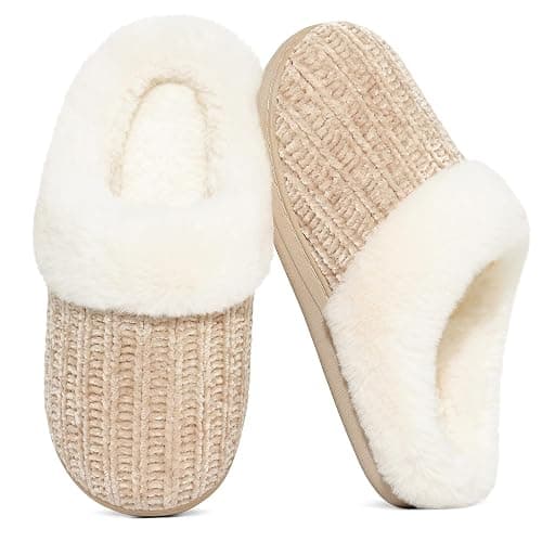 Evshine Warm Knit House Slippers for Women Comfy Wool-Like Lined Chenille Slippers with Memory Foam and Indoor Outdoor Soles - Image 1