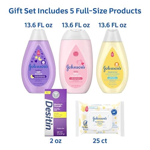 Johnson's Baby Here Comes Baby Gift Set, Baby Essentials for New Parents with Moisturizing Lotion, Bedtime Bath, Body Wash & Shampoo, Hand & Face Wipes, & Diaper Rash Cream, 5 Items thumbnail 5