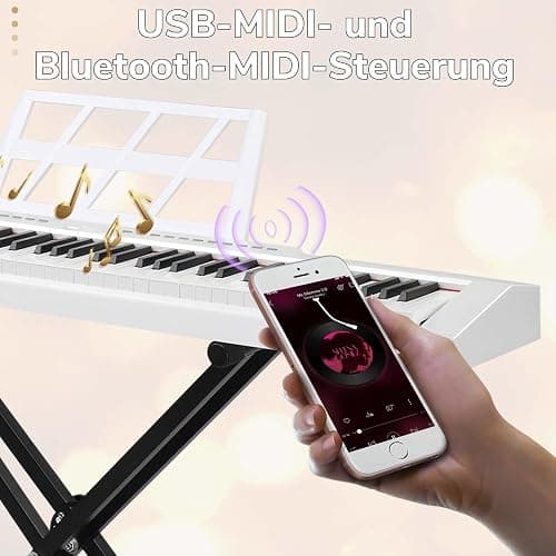 LEADZM 88 Tasten Halbgewichteten Digital Piano, Full Size Keyboard, Elektronische Tastatur mit Doppelrohr-X-Förmigem Ständer, Bluetooth MIDI, Notenständer, Sustain-Pedal, Kopfhörer (Weiß) thumbnail 7