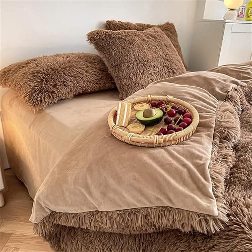 chovy Faux Fur Plush Coffee Comforter Sets Queen - Ultra Soft Shaggy Flannel Velvet Fluffy Fuzzy 3PC Bedding Set （Comforter x 1 Pillowcases x 2） thumbnail 4