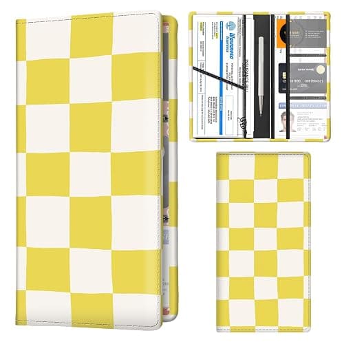 FGHFGO Car Registration and Insurance Holder with Magnetic Shut, Cute Vehicle Glove Box Car Organizer, Premium Interior Car Accessories for Women Men Yellow White Plaid - Image 1