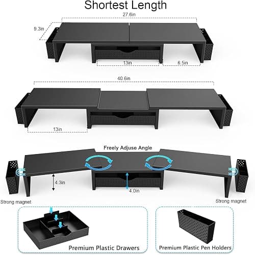 gianotter Dual Monitor Stand Riser, Desk Organizer With Drawer and 2 Pen Holders, Computer Monitor Stand, Shelf for Top of Desk, Black thumbnail 3
