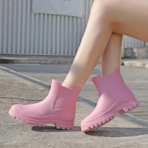 Women's Rain Boots, Comfortable Elastic Adult Ankle Booties, Fashion Mid Heel Chelsea Boots, Waterproof Non-Slip Chunky Platform Lug Sole Short Garden Boots thumbnail 2