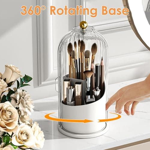 YOOLENS Makeup Brush Holder with Lid 360 Rotating Clear Dustproof Make Up Organizers for Vanity Bathroom Countertop, Transparent thumbnail 4