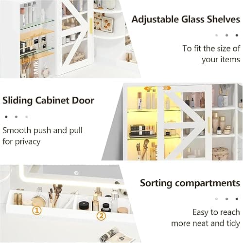 White L-Shaped Corner Vanity Desk with LED Lighted Mirror & Storage Shelves | Makeup Vanity with Charging Station & Sliding RGB Cabinet, Large Farmhouse Dressing Table with 6 Drawers for Women thumbnail 8