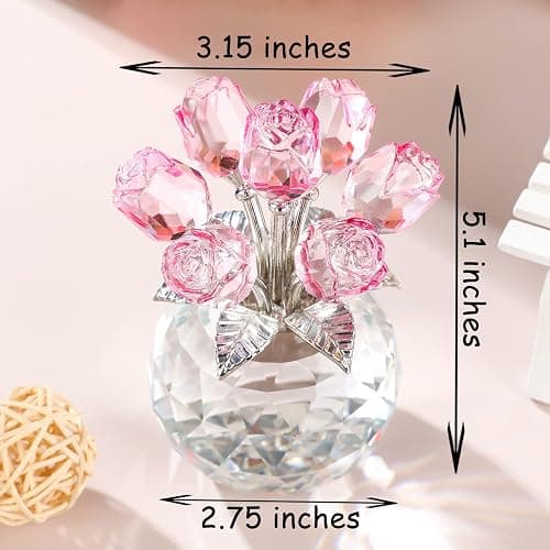 Movdyka Pink Crystal Rose Glass Flowers with Vase Figurine Home Decor | Handmade Crystal Flowers Bouquet Ornament Collectible Figurines ​Valentine Anniversary Christmas Mothers Gifts For Wife Mom thumbnail 3