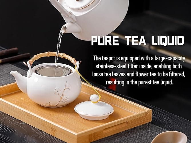 REOWONU Japanese Tea Set, White Porcelain tea set with 1 Teapot(23 oz/660ml), 6 Tea cups(5.3 oz/150ml), 1 Tea Tray, Golden plum blossom relief, Asian tea sets for adults (Golden plum-White) thumbnail 5