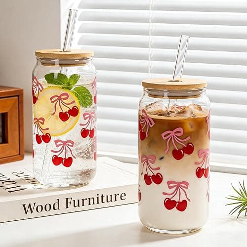 Mason Life Cherries Bows Glass Cups with Lids and Straws, 18OZ Cherry Decor Iced Coffee Cups with Lids, Cute Glass Cups Valentine's Day Gift for Women, Coquette Aesthetic Glass Cups -Set of 2 thumbnail 7