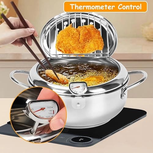 Friteuse Tempura, Poêle Tempura de Style Japonais Friteuse Japonaise Tempura avec Thermomètre Poêle à Frire en Acier Inoxydable pour Frire du Tempura, du Poulet Français, du Poisson Séché (24 cm) thumbnail 7