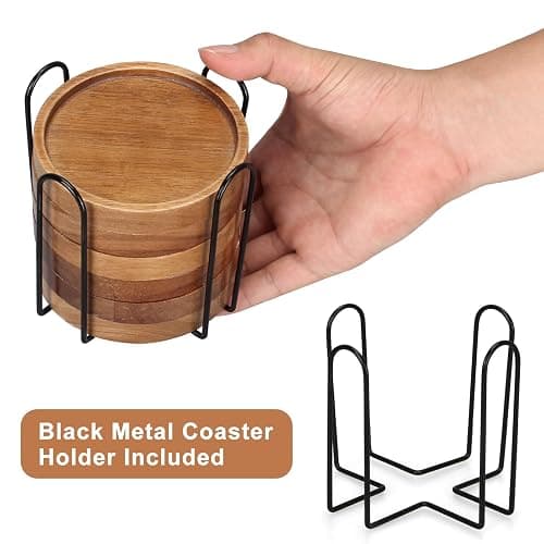 6 Pcs Best Wooden Coasters with Holder Coffee Table Decor Acacia Wood Coaster Set Modern Cup Coaster for Drink Home Dining Table Kitchen Accessories Cute Beer Bar Decorative Rustic Outdoor Coasters thumbnail 4
