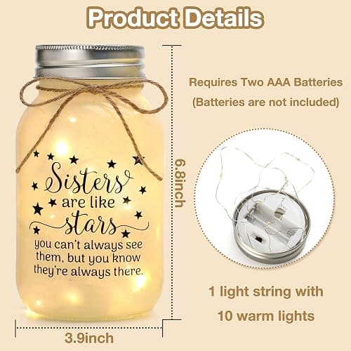 Birthday Gifts for Sister from Sisters - 30 oz Large Mason Jar Night Light | Meaningful Sister Gifts, Unique Sisters Birthday Gift for Women, Christmas Sister Gift from Brother thumbnail 3