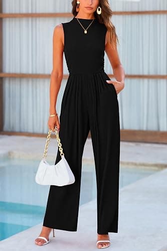 PRETTYGARDEN Womens Summer Jumpsuits Dressy Casual One Piece Outfits Sleeveless Mock Neck Wide Leg Pants Rompers with Pockets thumbnail 3