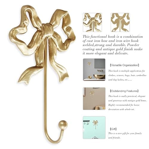 BITALYE Single Bow Hook,Gold Cast Iron Hook,Size(S):4.1x6.5 inches | Wall Mounted,Gold Cast Iron,For Coats,Bath Towels,Room Decor,Bathroom,cute coquette decor,Office thumbnail 7
